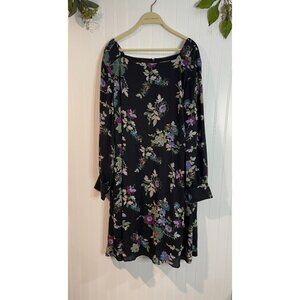 Floral Long-Sleeve Shift Dress By Loft Plus Sz 20 Black With Multicolor Flowers